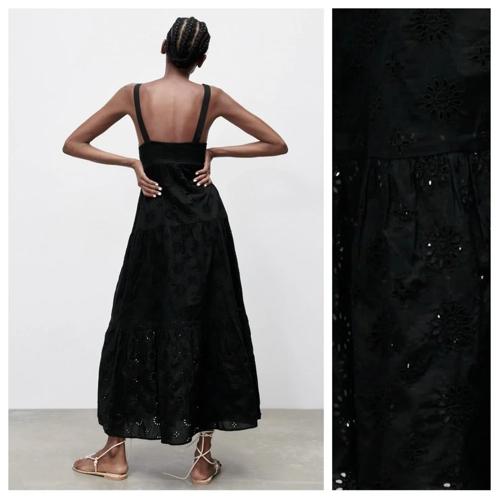 NWT. Zara Black Openwork Crossover V-neck Midi Tank Dress. Size S. - Picture 5 of 13
